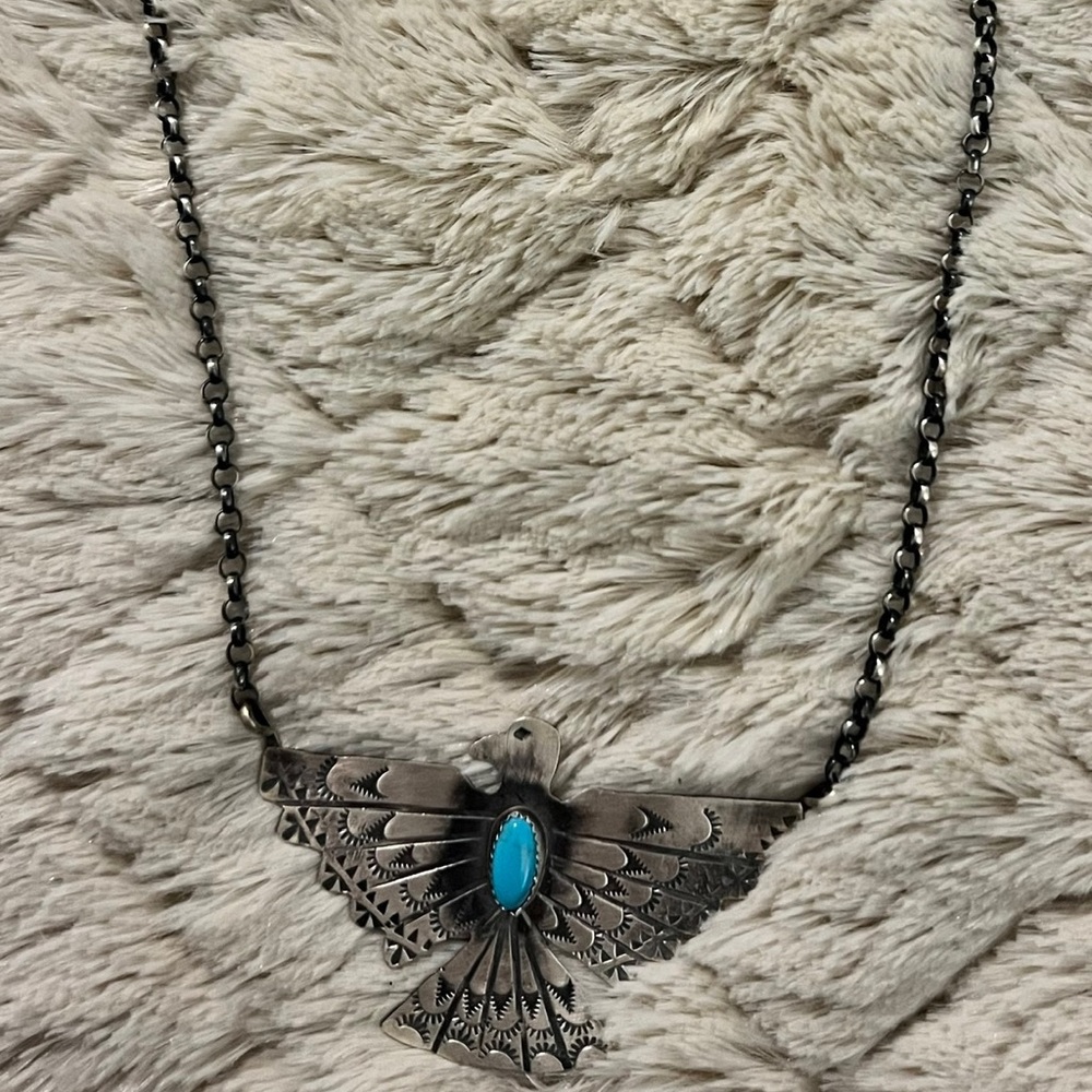 Beautiful Sterling Silver Thunderbird Necklace with Turquoise (info on photo)